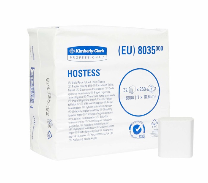 8035 Туалетная бумага Hostess, 32 пач. х 250 л, 18.6 × 11 см, двухслойная, белая, 32 г/м²